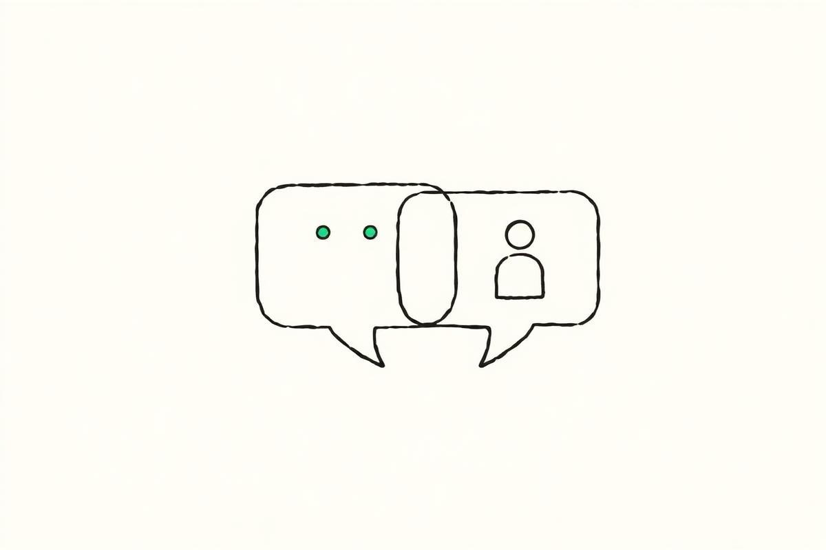 Illustration av en chattdialog mellan kund, AI-assistent och mänsklig handläggare