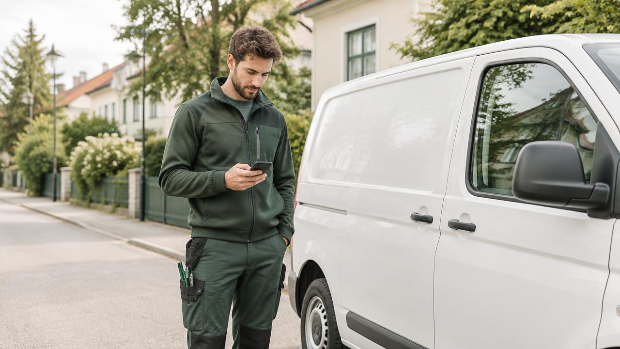 Servicetekniker som kontrollerar dagens uppdrag i mobilen bredvid en servicebil