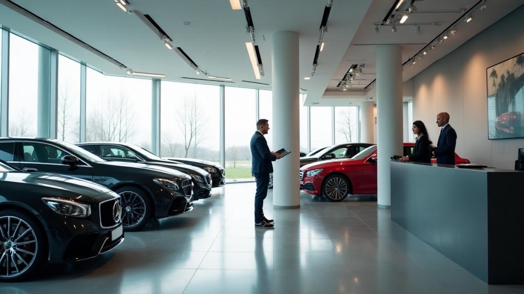 Modern bilhall med digitala prisskyltar