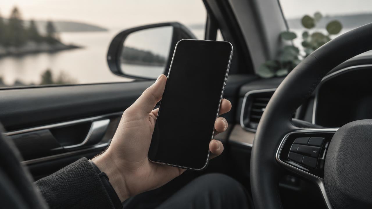Förare som klassificerar en resa i mobilen i en parkerad bil