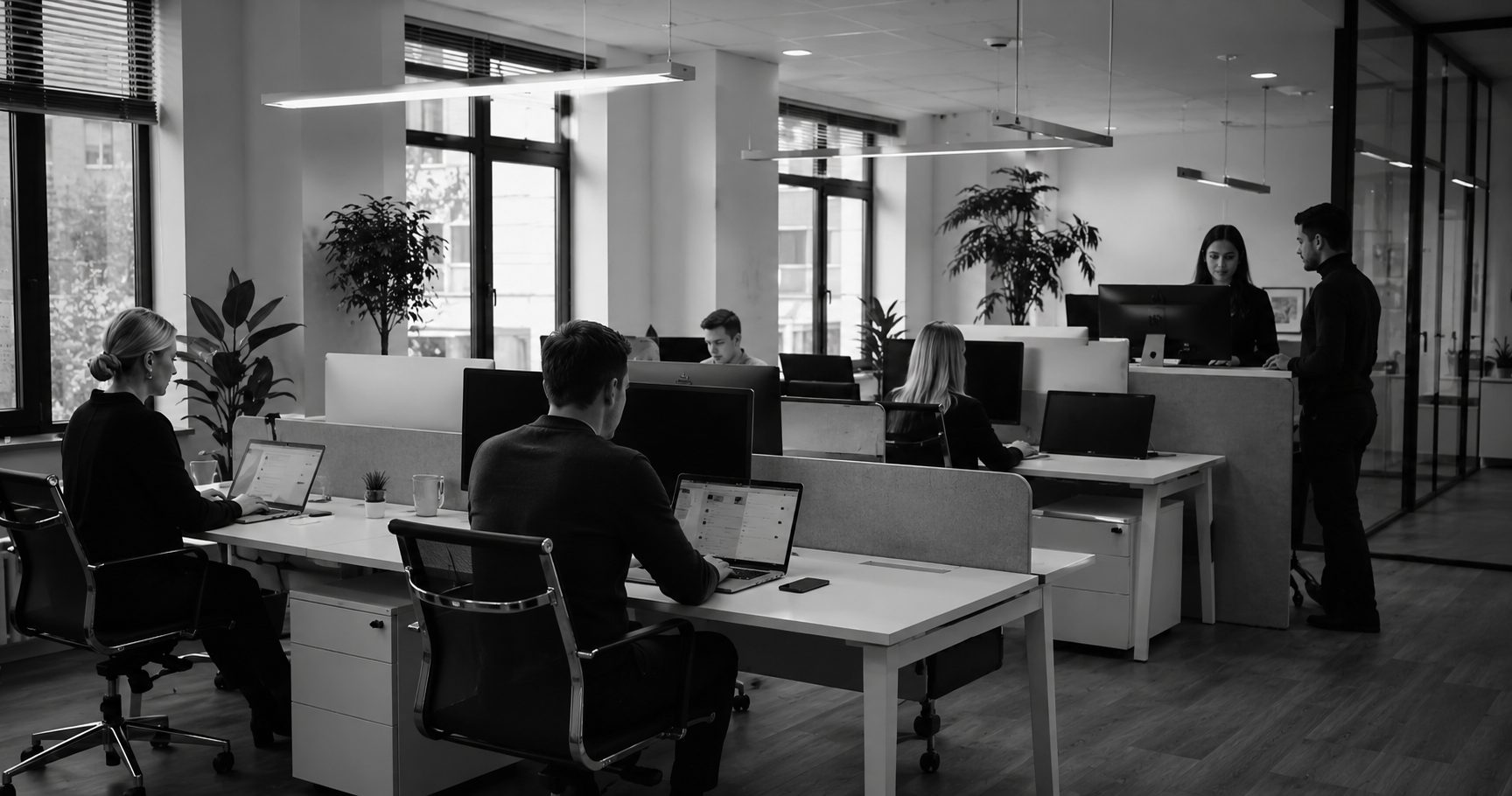 Medarbetare på Tele-Byrån arbetar i ett ljust kontorslandskap med telefoni och IT-lösningar