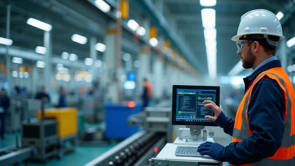 Modern fabrik med automatiserad produktion och övervakningsskärmar