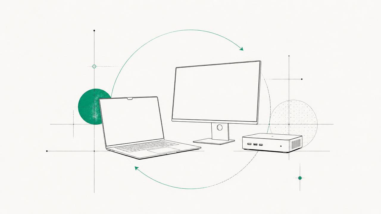 Illustration av företagshårdvara – laptop, skärm och docka – i ett livscykelflöde