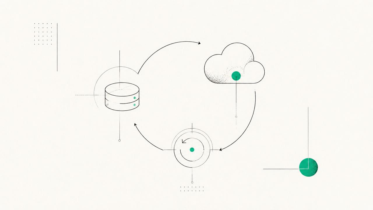 Illustration av backup- och återställningscykel mellan lokal lagring och moln