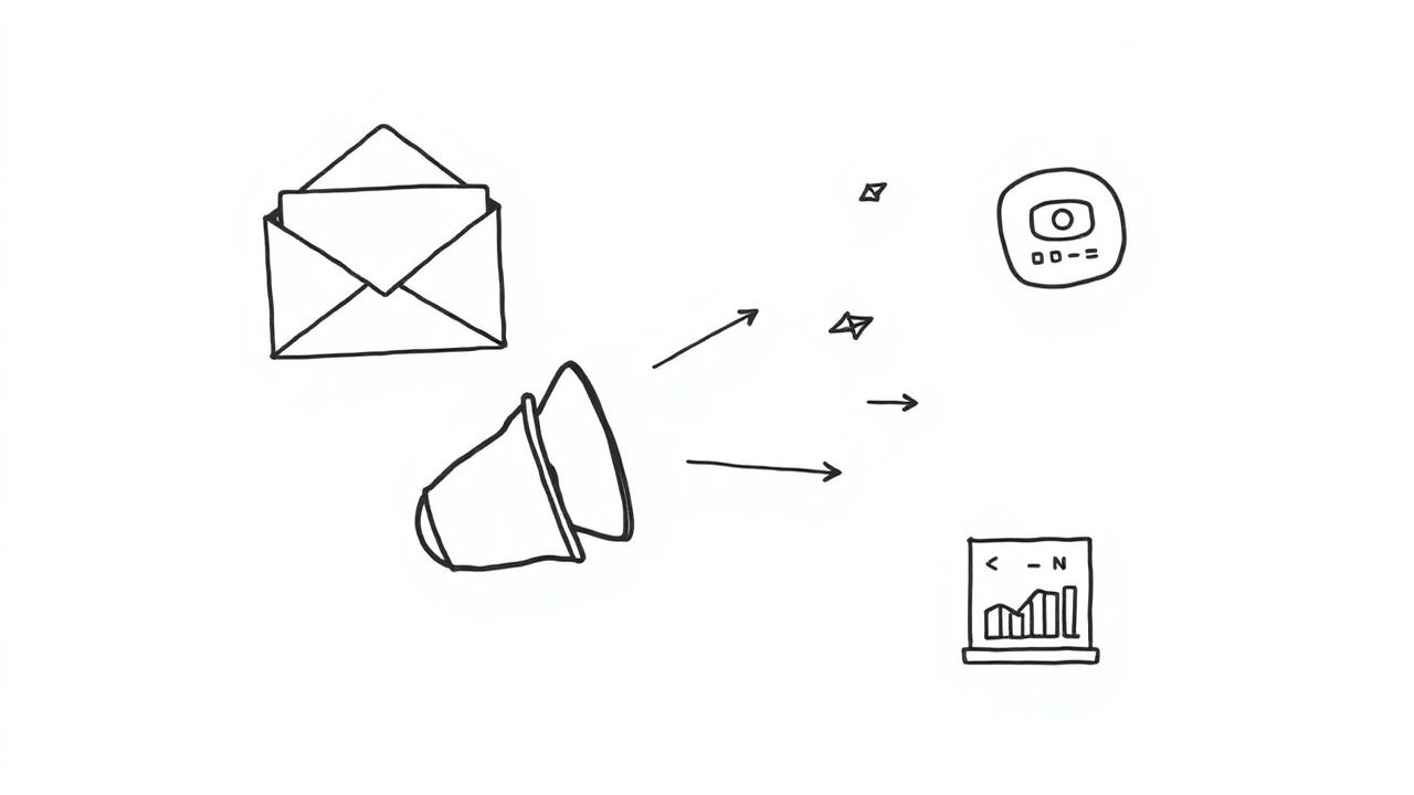 Illustration av kampanjer, nyhetsbrev och kanaler som leder till samtal – marknadsföring och kundkontakt