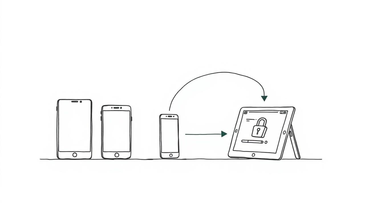 Illustration av mobiler och surfplatta som hanteras centralt med lås – MDM och mobil enhetshantering