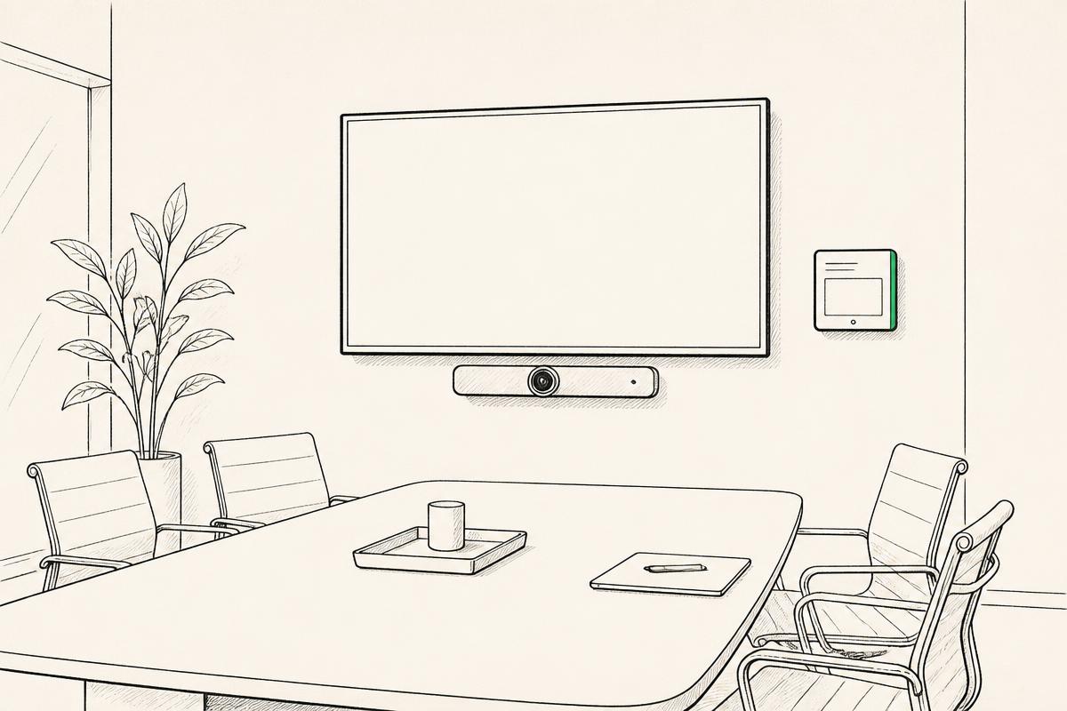 Illustration av ett mötesrum med skärm, kamera och bokningspanel – mötesteknik för företag