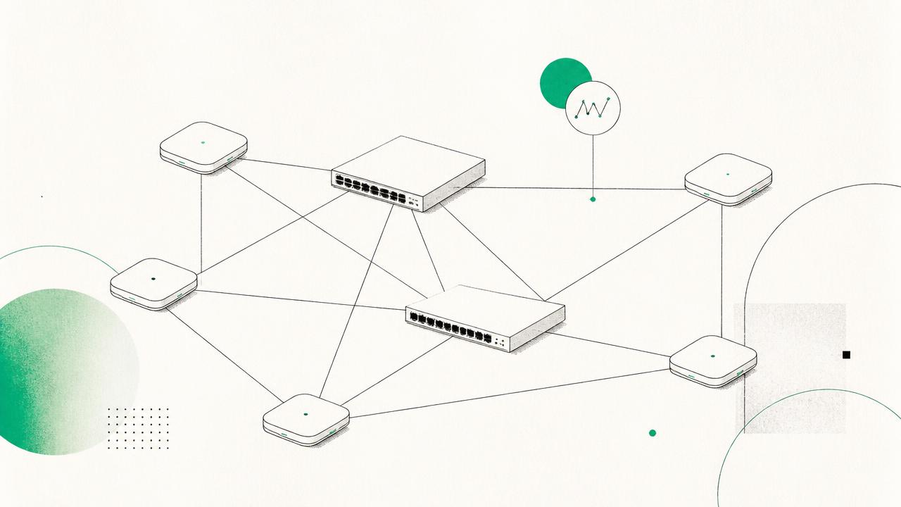 Illustration av företagsnätverk med switchar och accesspunkter i redundant topologi