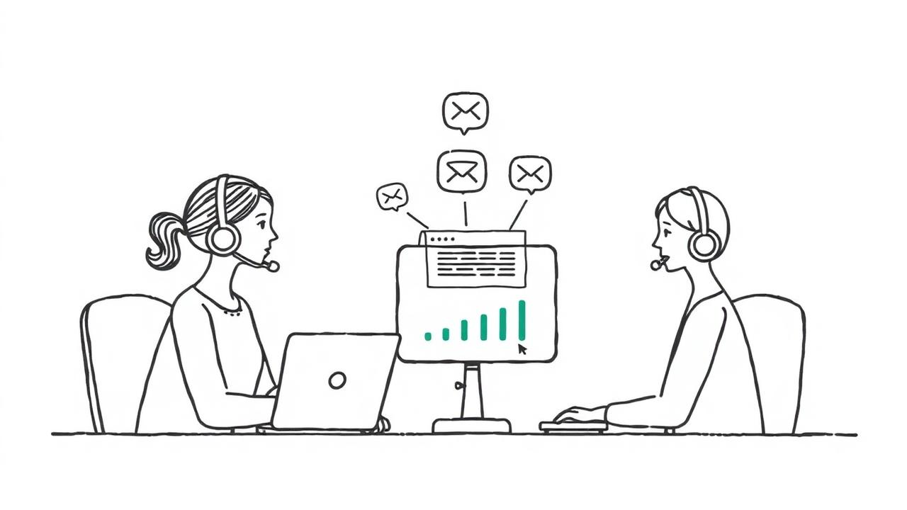 Illustration av bemannad kundtjänst med telefon, mejl och chatt samt rapportering – outsourcad kundtjänst