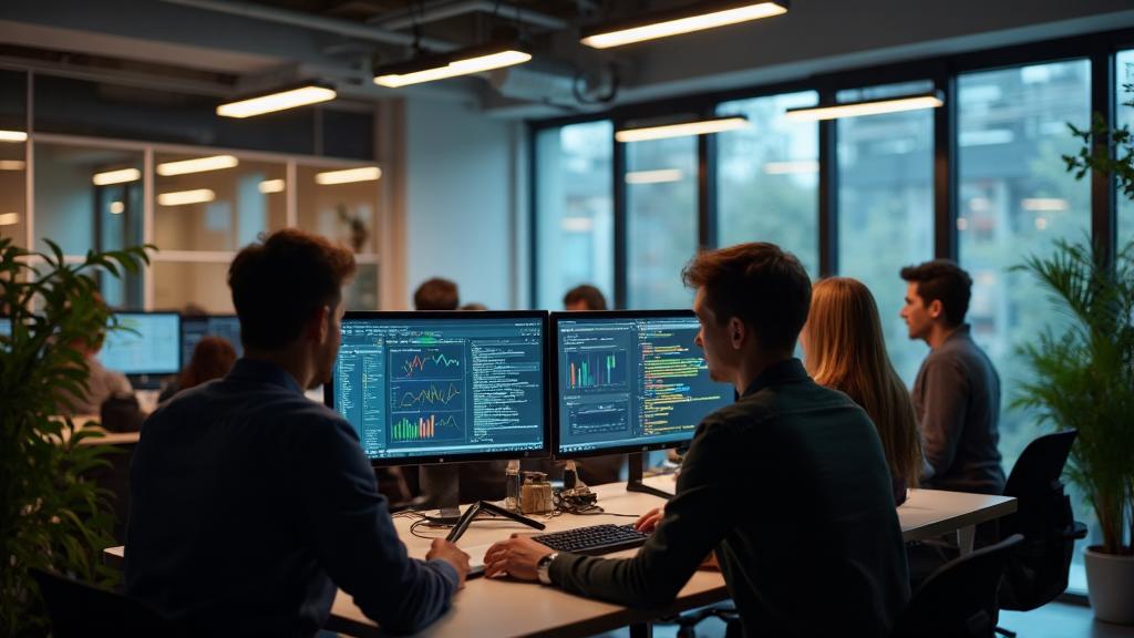 SaaS-kontor med utvecklare och dashboards