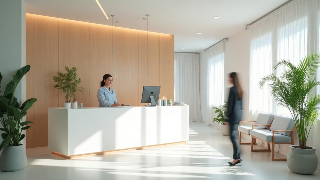 Modern vårdklinik reception med digitalt patienthanteringssystem